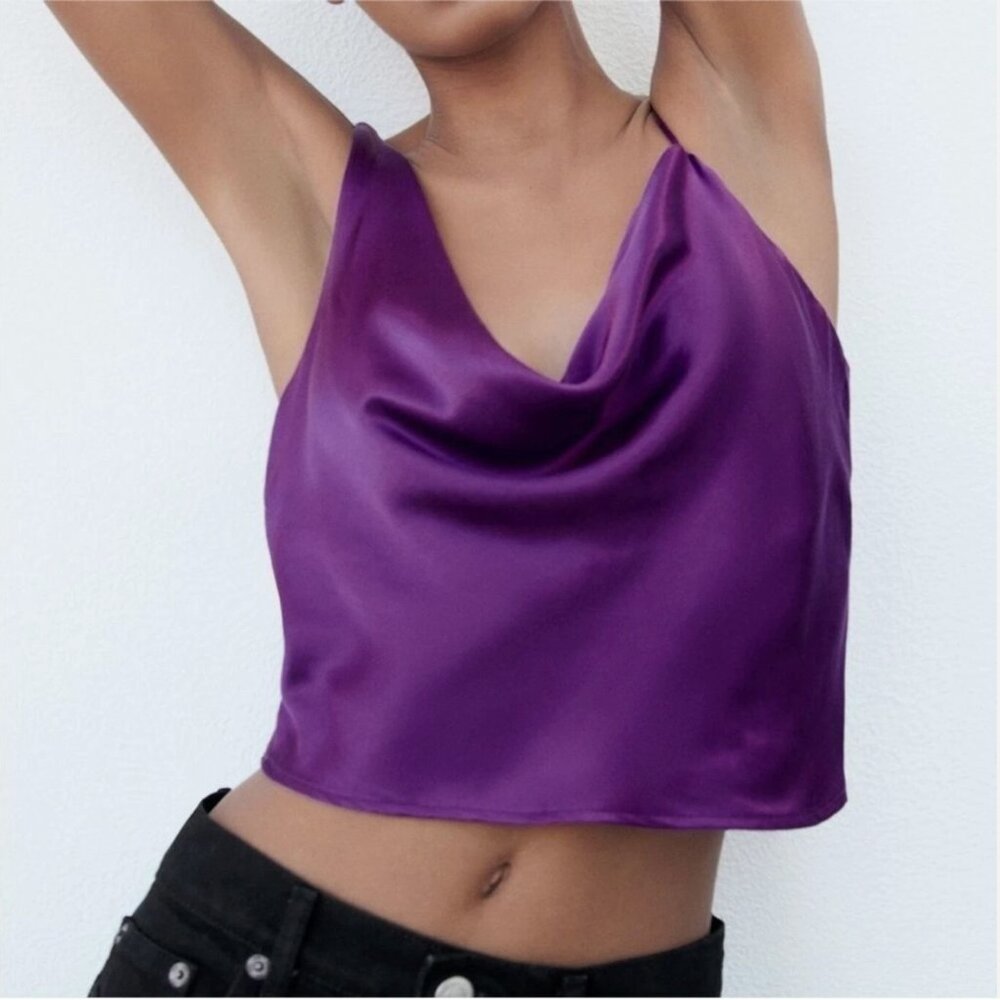 Zara Satin Asymmetrical Crop Top – Brand New with Tags NWT – Size S 💜 - Picture 6 of 12